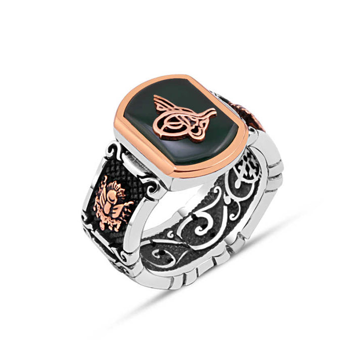 Green Agate Stone Ottoman State Coat of Arms Men's Ring