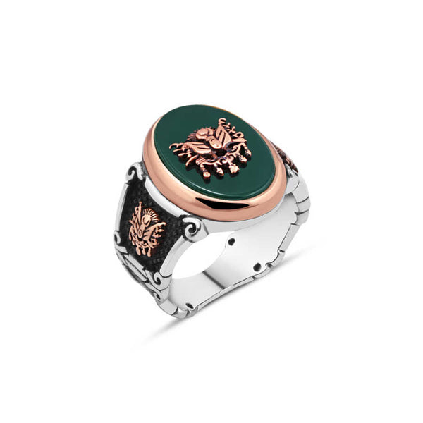 Ottoman State Coat of Arms on Green Agate Men's Ring