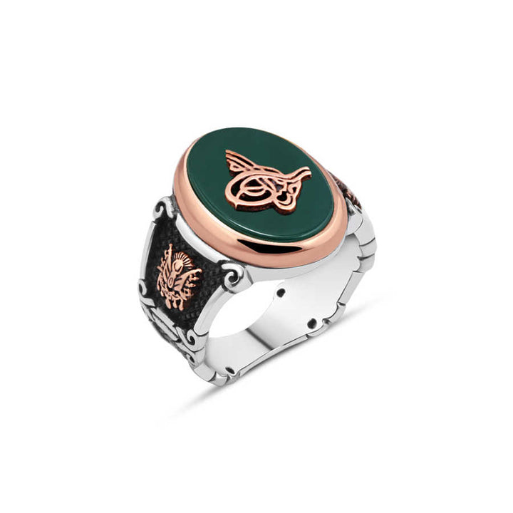 Green Agate Stone Tughra Men's Ring