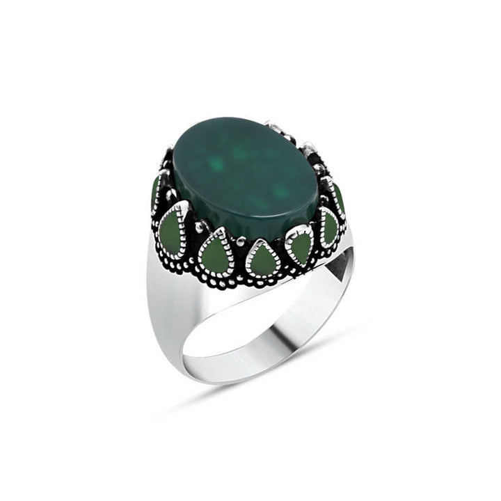 Green Agate Stone Sides Green Enameled Men's Ring